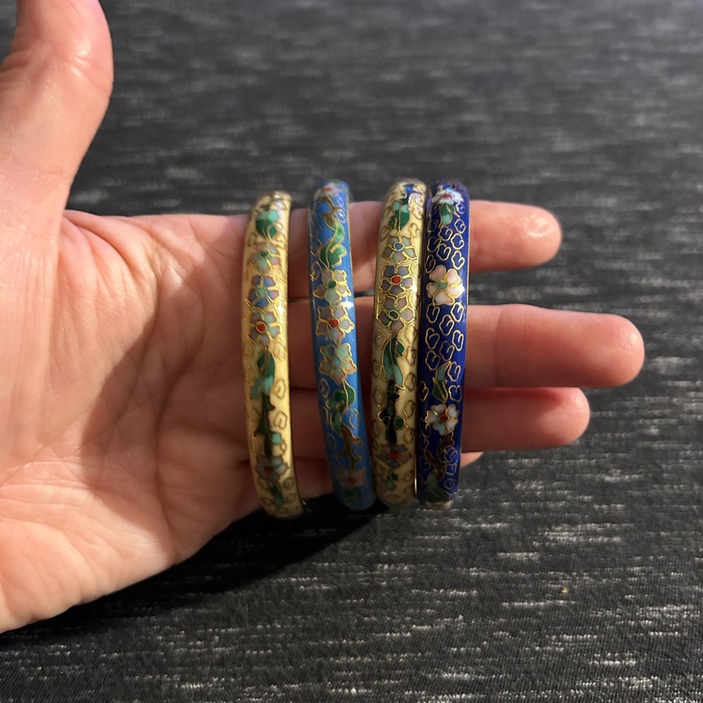 Vintage Cloisonné Floral Bangle Bracelets – Robin's Egg and Cobalt Blue & Cream